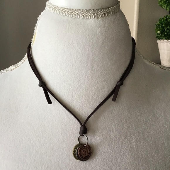 NEW Leatherette ADJUSTABLE Necklace 3 Faux Coins Surfer Boho Style Unisex Slide - Picture 1 of 13